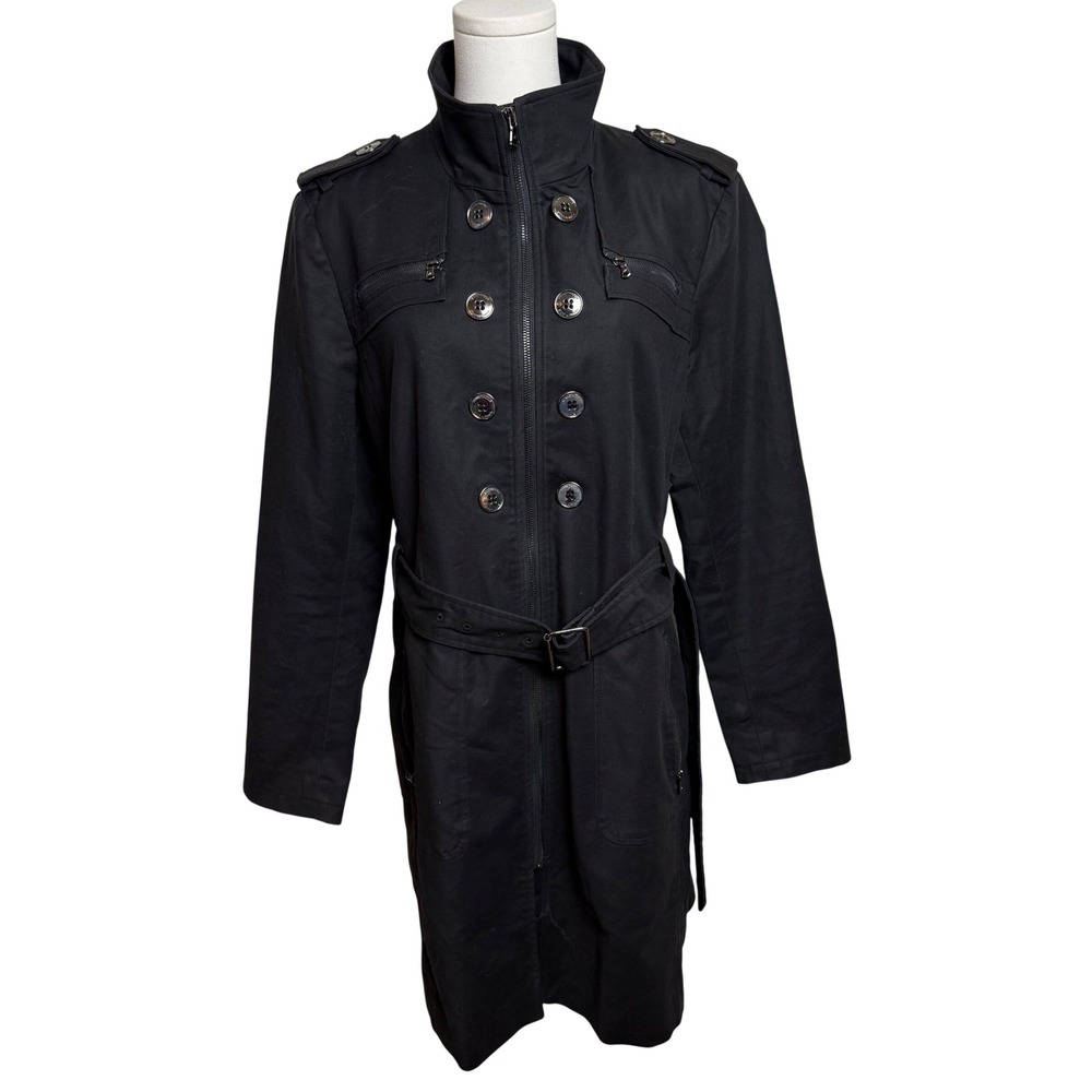Kenneth Cole New York Black Military Trench Coat Belted Zip Front Jacket Large